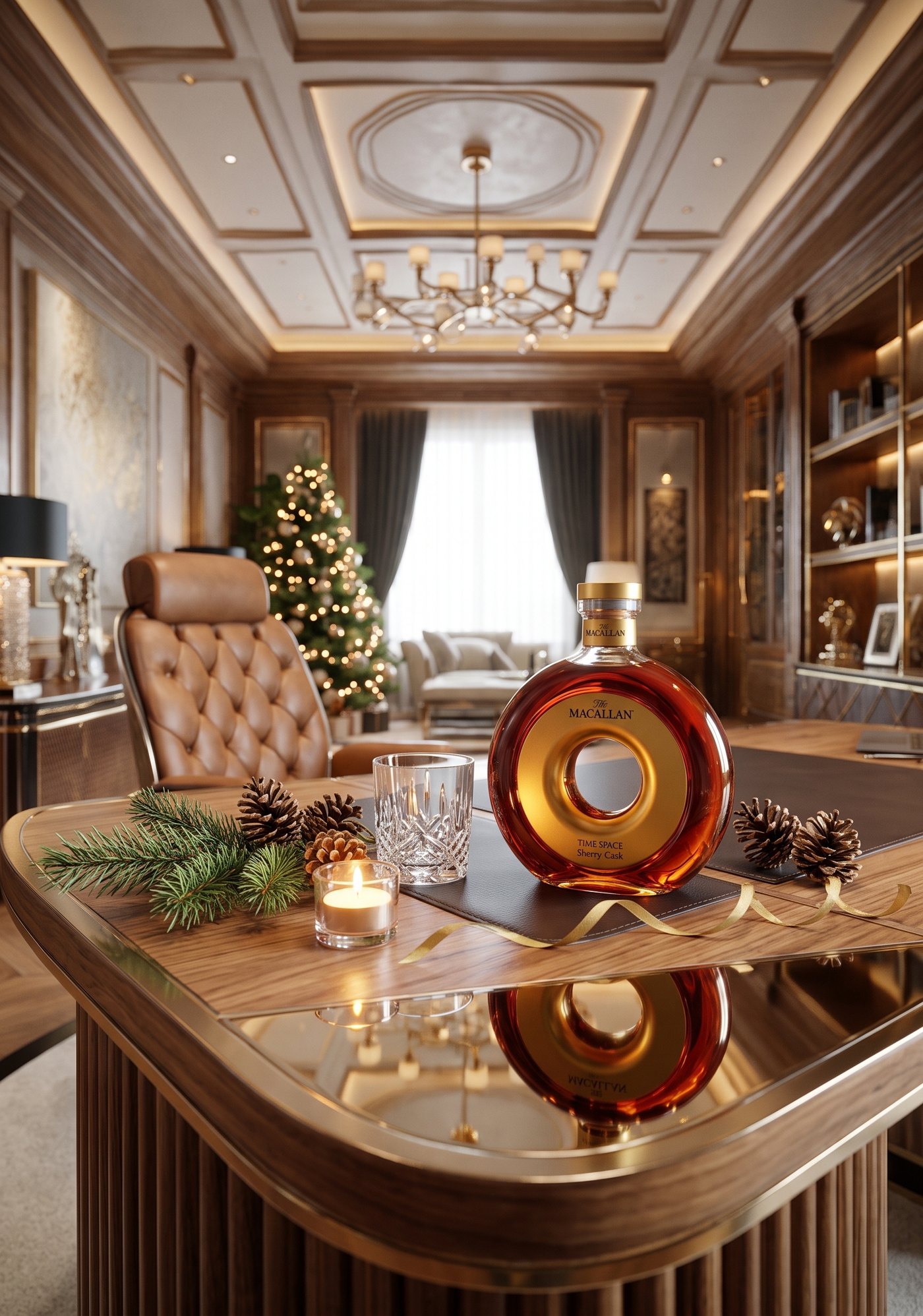 The Macallan Time:Space decanter on a walnut desk in a panelled study at Christmas