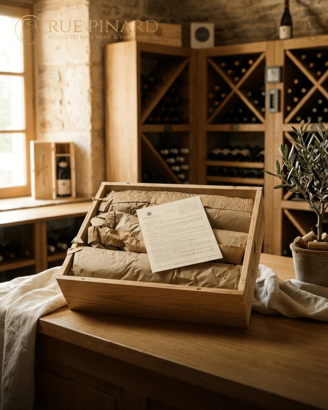 An opened wooden case in the cellar