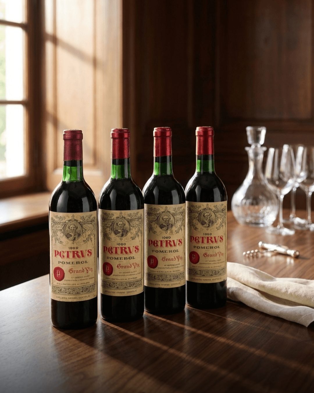 Petrus bottles on a cellar table