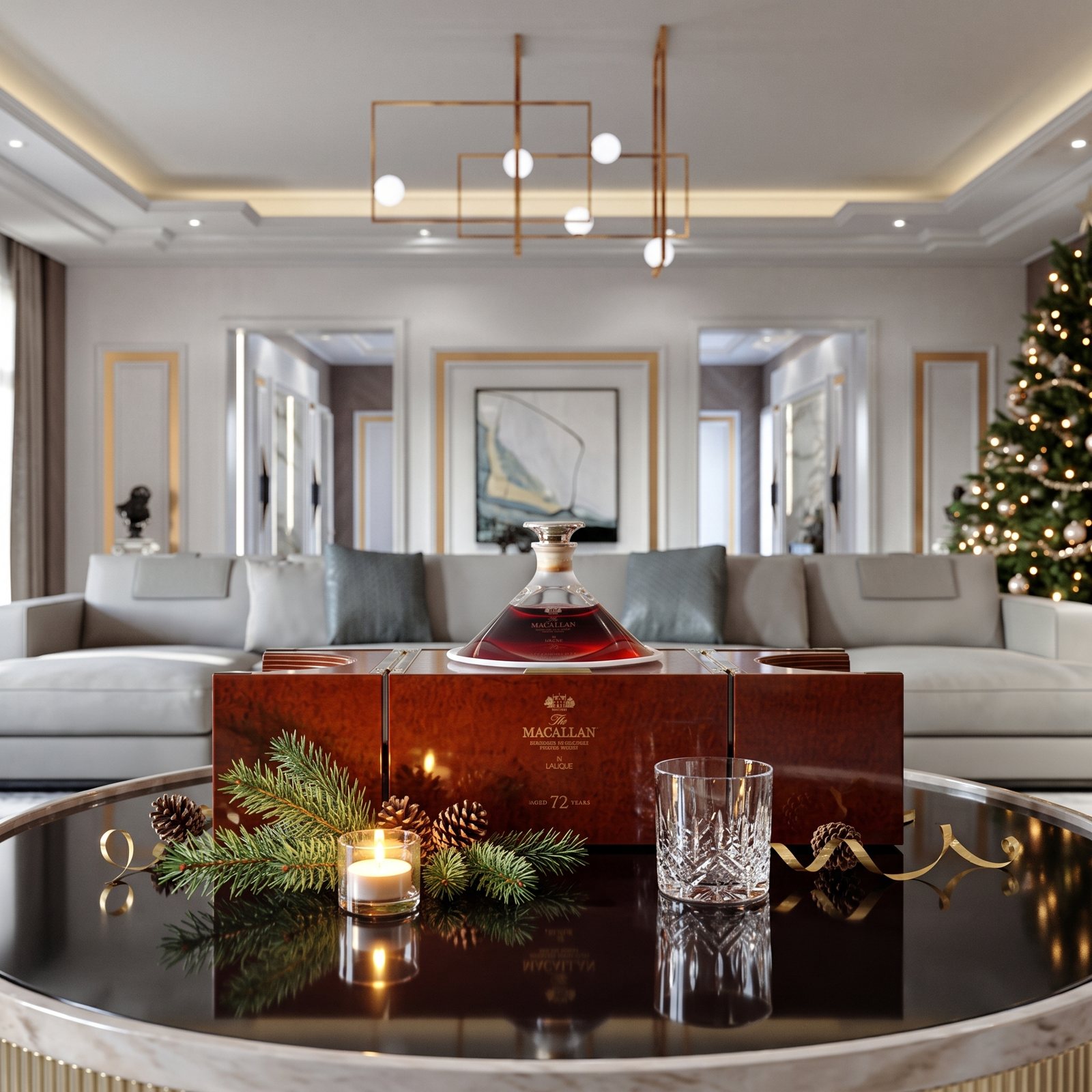 The Macallan Genesis 72 in Lalique on a coffee table at Christmas