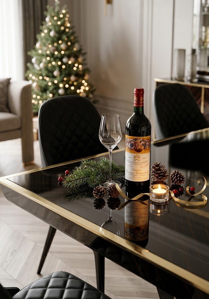 A bottle of Château Mouton Rothschild on a dark table with pine and candlelight