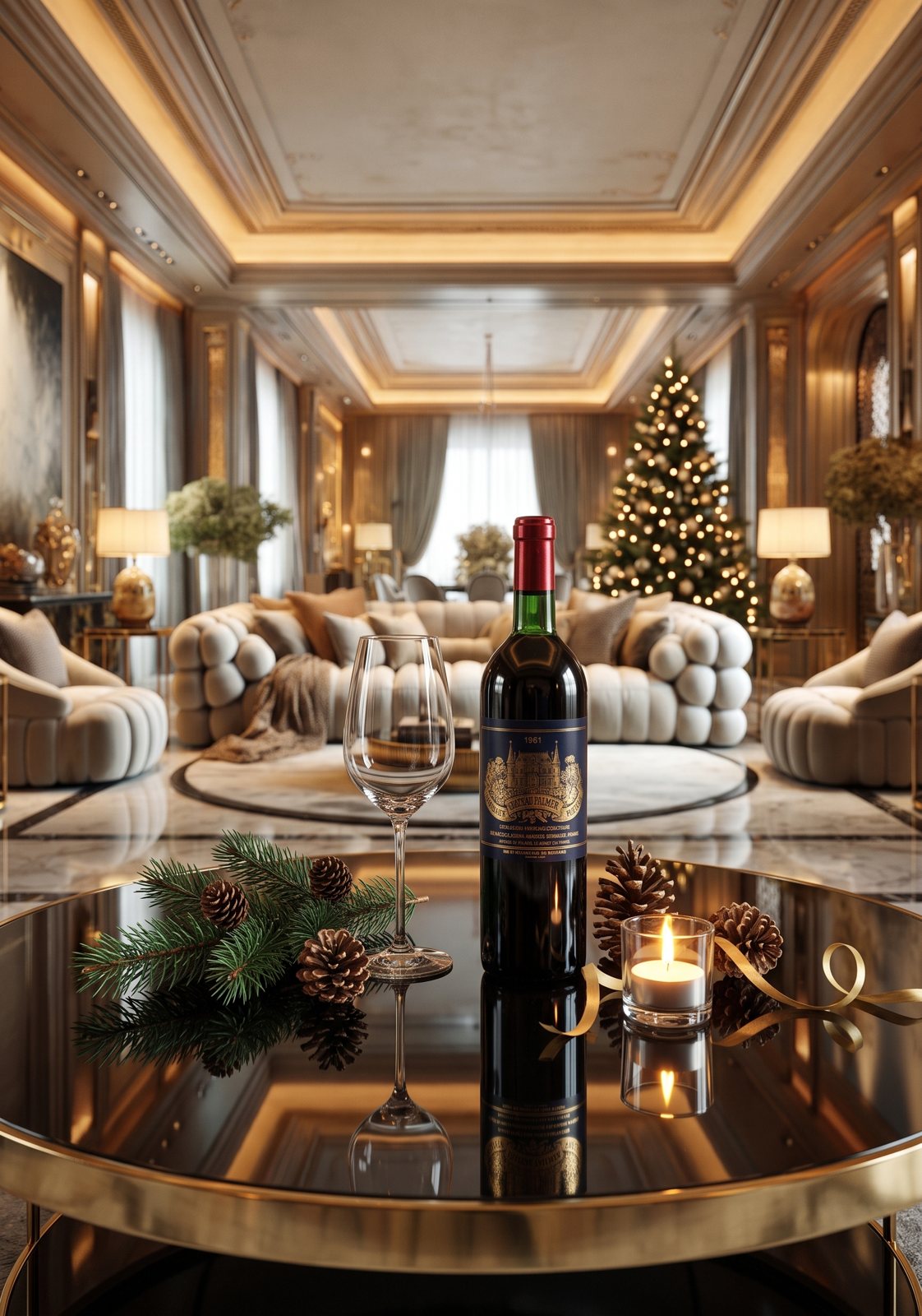 Château Palmer 1961 on a mirrored table in a candle-lit room